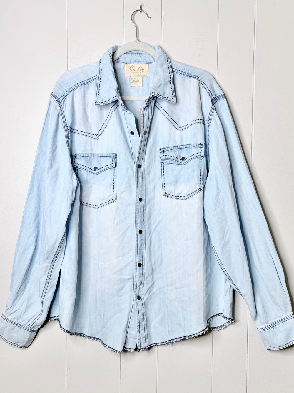 NWT Scully Light Blue Denim Western Shirt Navy Stitch Soft Tencel Large